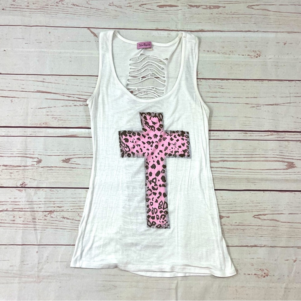 Cheetah Print Cross Distressed Tank Top - Small